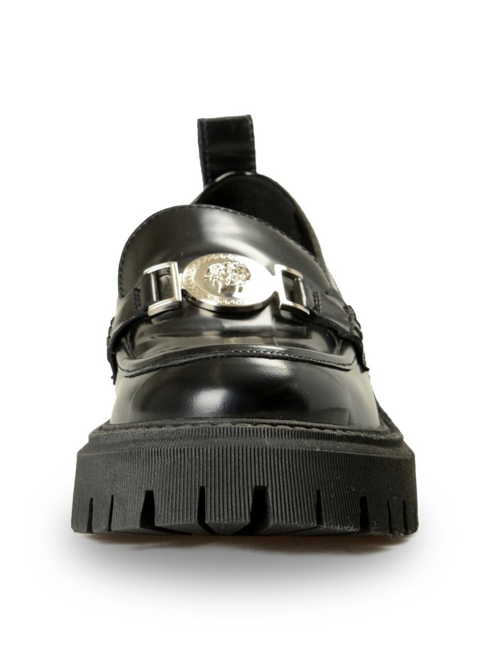 Versace Women's Black 100% Leather Silver Medusa Head Loafers Shoes US 9 IT 39 - Picture 5 of 8
